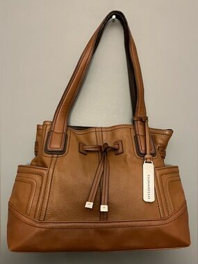 Tignanello Cognac Brown Pebbled Leather Super Stitch Shopper With Drawstring